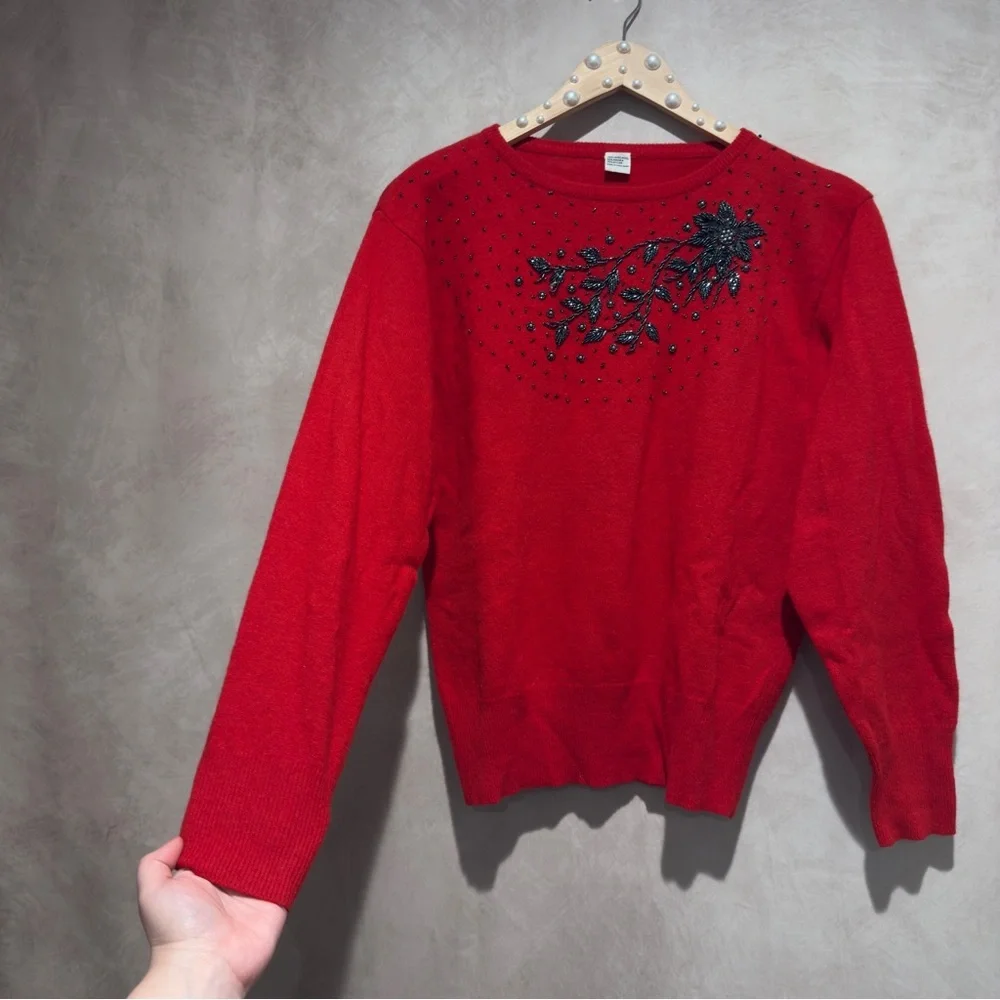 Vintage Red Lambswool Angora Beaded Sweater, S/M, Luxury Floral Embellished Knit - Picture 2 of 12